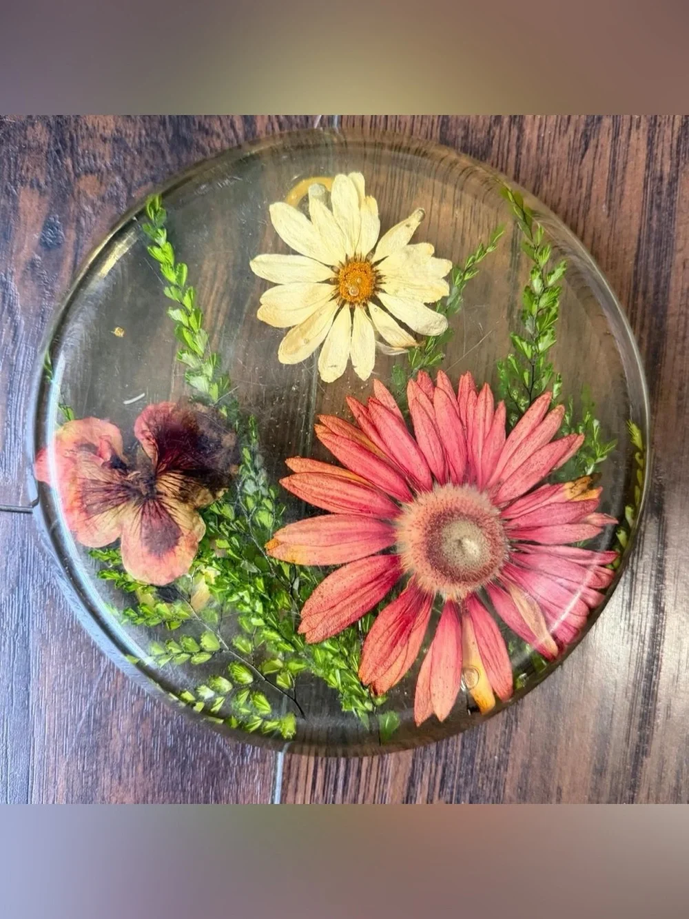 Vintage 60s 70s Footed Lucite Resin Flower Floral Trivet Paperweight Boho Earthy